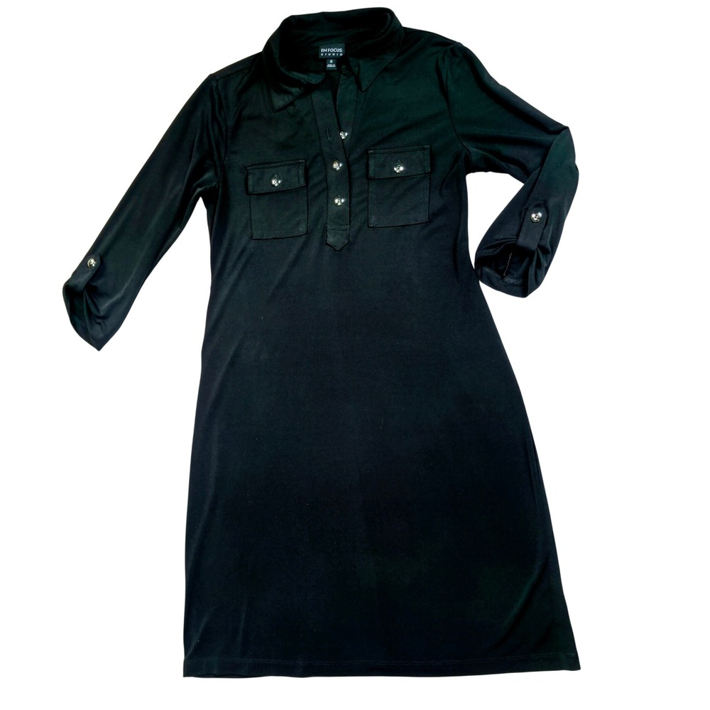 En Focus Studio Womens Black Roll Tab Sleeve Button Front Shift Dress Size 8